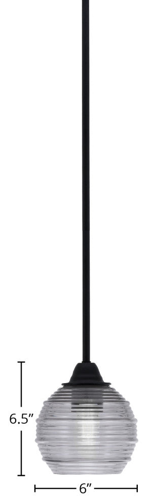 Paramount Mini Pendant, Matte Black, 6" Smoke Ribbed Glass