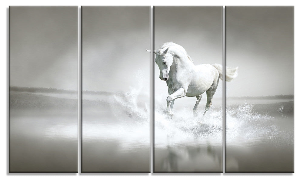 White Horse Running in Water, Animal Canvas Art Print, 48"x28", 4 Panels