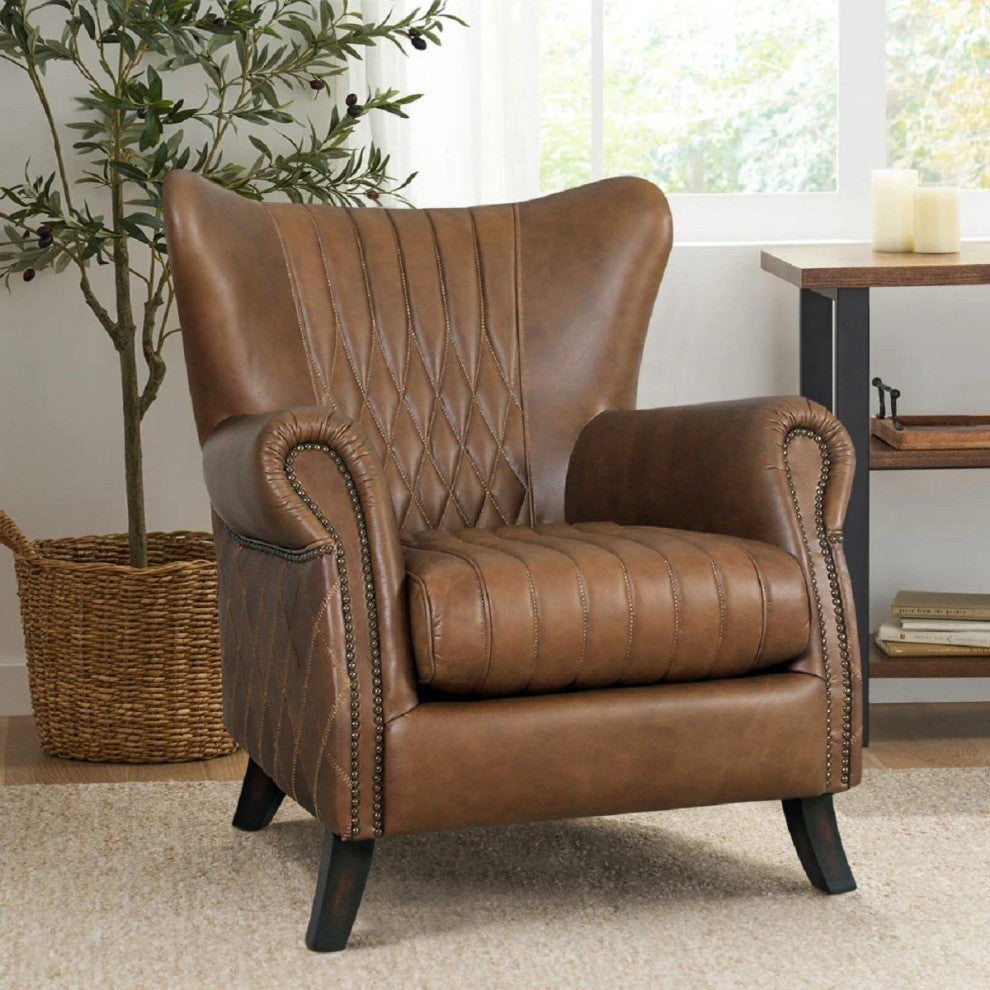 Pasargad Home Harrison Top Grain Leather Upholstered Wing Chair, Brown