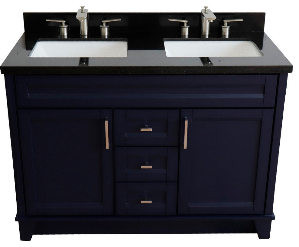 48" Double Sink Vanity, Blue Finish With Black Galaxy Granite