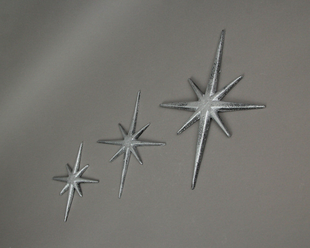 Set of 3 Metallic Silver Cast Iron Starburst Wall Hangings 8 Pointed Stars