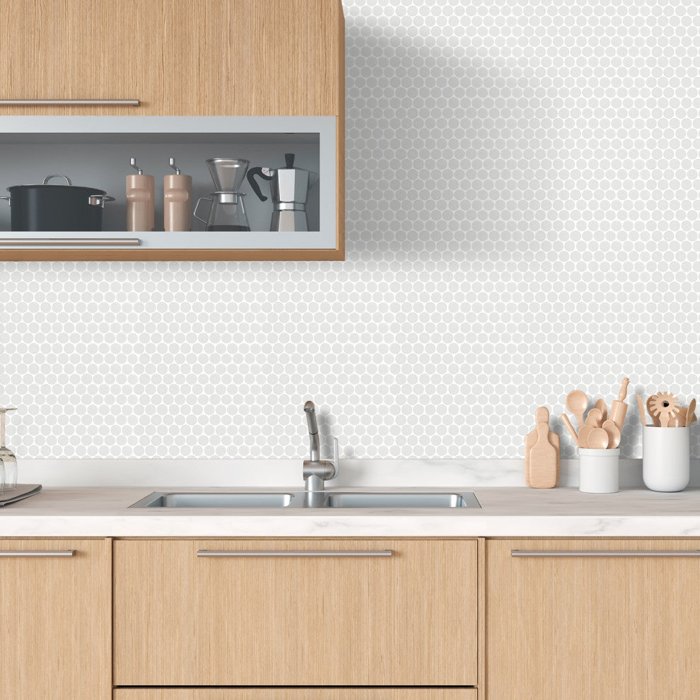 Huelva 12.68x11.02, White Glass Penny Mosaic Floor/Wall Tile, Sample