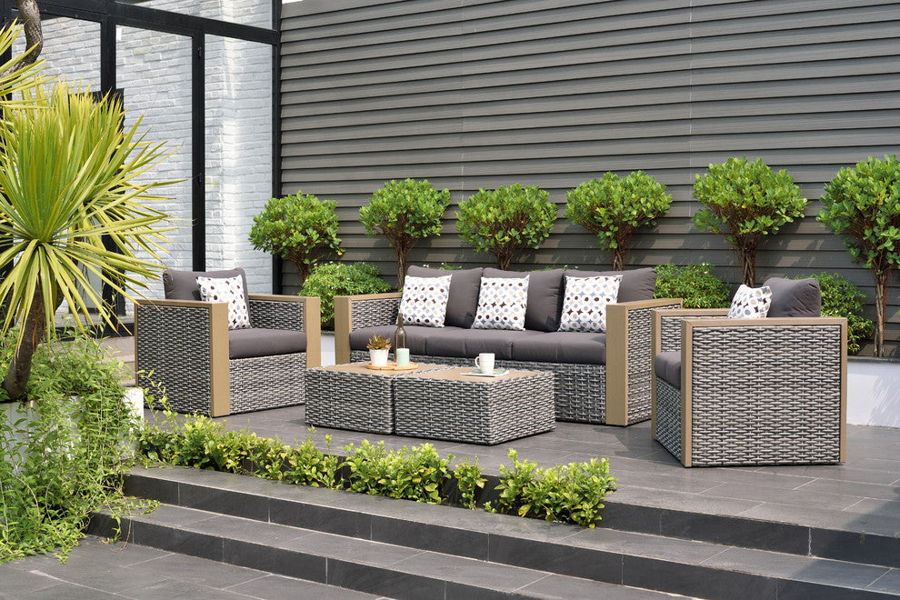 Cebu 5-Piece Wicker Patio Conversation Set Gray With Gray Cushions