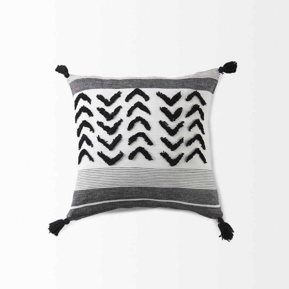 Kimia 20x20 White & Black Herringbone With Fringed Decorative Pillow Cover