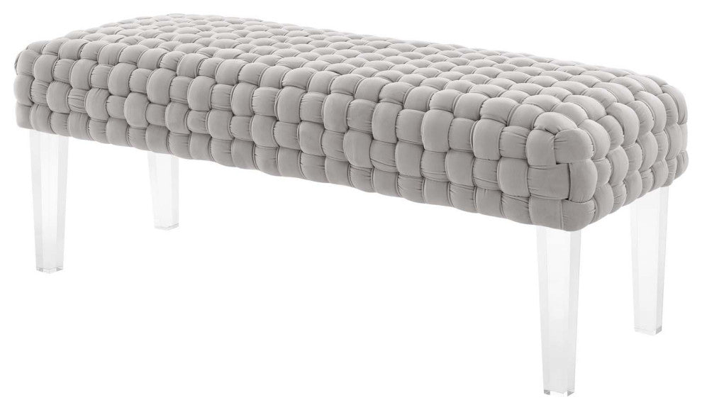 Ottoman Bench, Gray, Velvet, Modern, Mid Century Hotel Lounge Cafe
