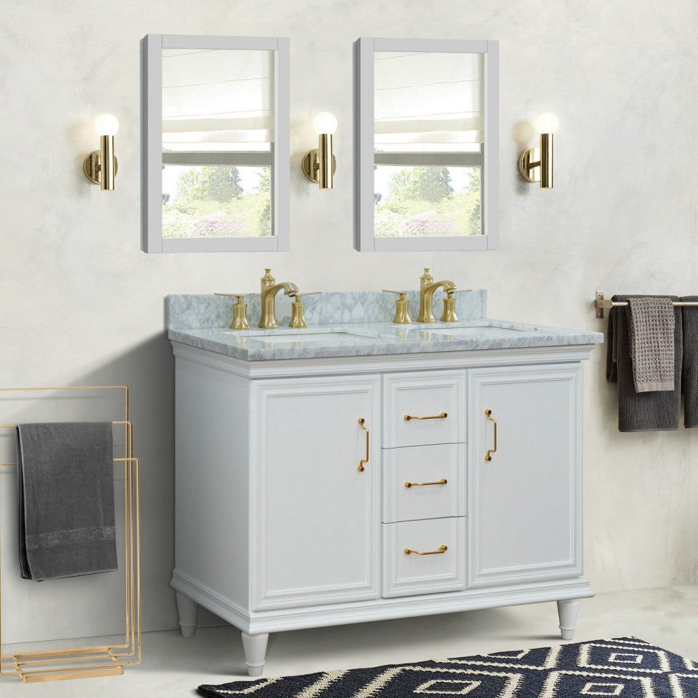 49" Double Vanity, White Finish With White Carrara And Rectangle Sink