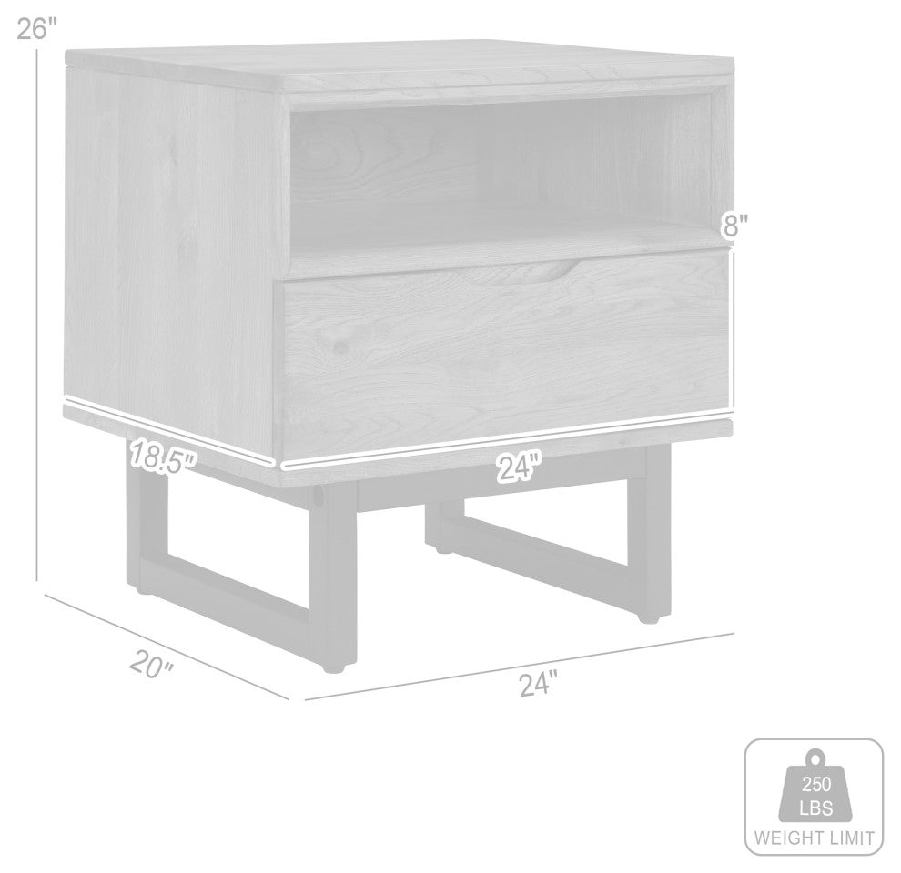 Aldo 1 Drawer Nightstand in Brown Oak Wood With Black Metal Legs