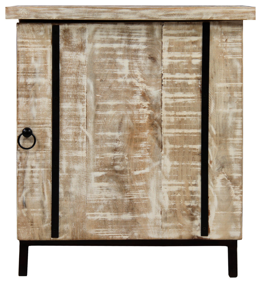Benzara UPT-263777 Wooden Bedside Table With Metal Frame, White and Black
