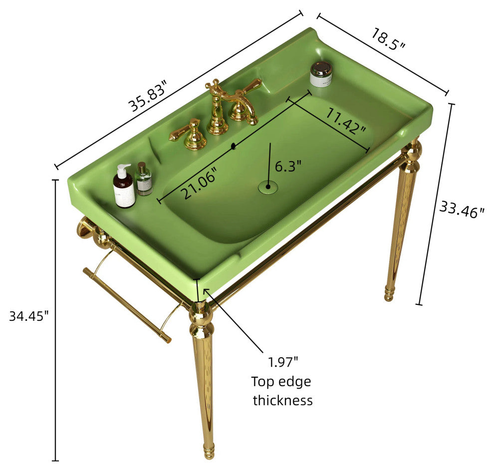 Wall-Mounted Green Ceramic Vanity Basin with Stainless Steel Support Legs, Gold