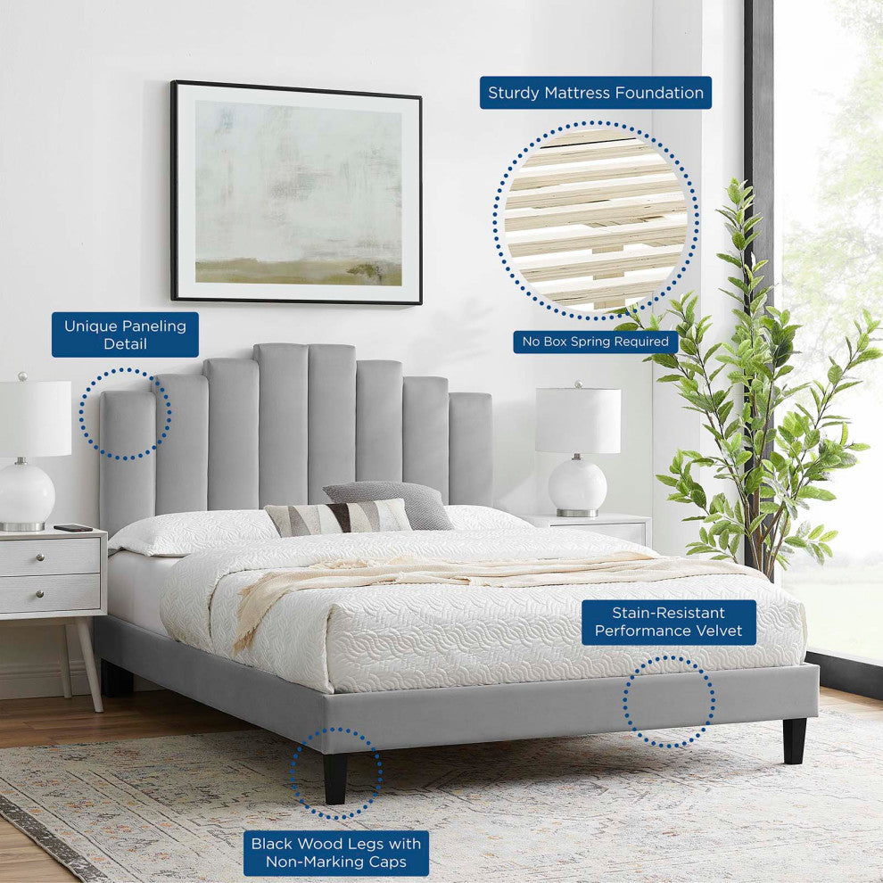 Platform Bed Frame, King Size, Velvet, Light Gray, Modern Contemporary