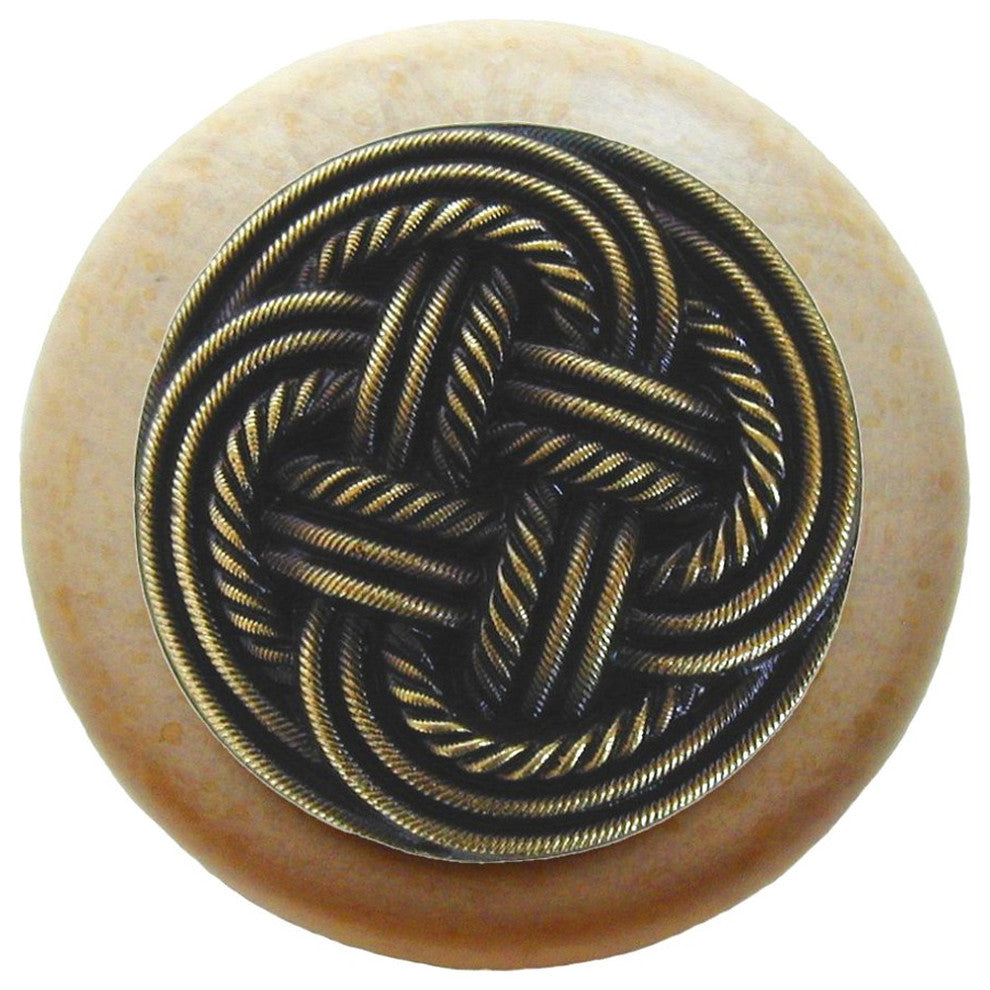 Classic Weave Wood Knob, Antique Brass, Natural Wood Finish, Antique Brass