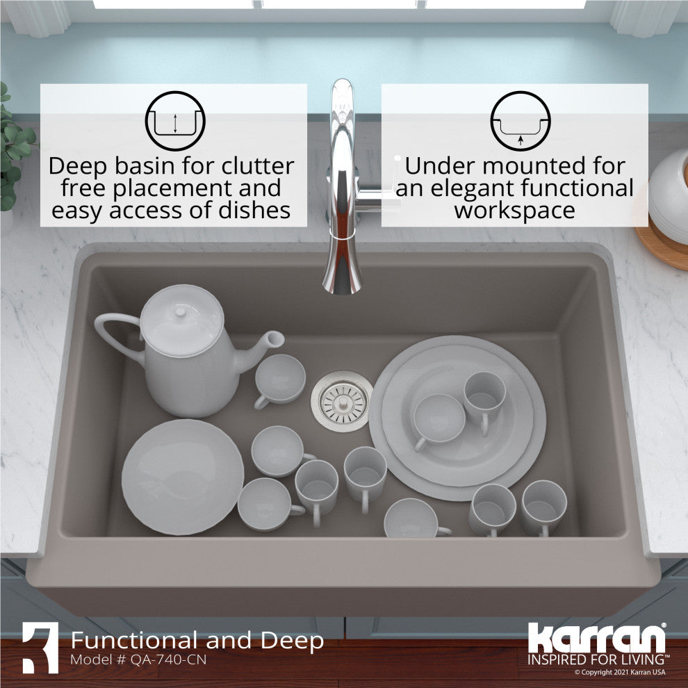 Karran Farmhouse/Apron-Front Quartz 34" Single Bowl Sink Kit, Concrete