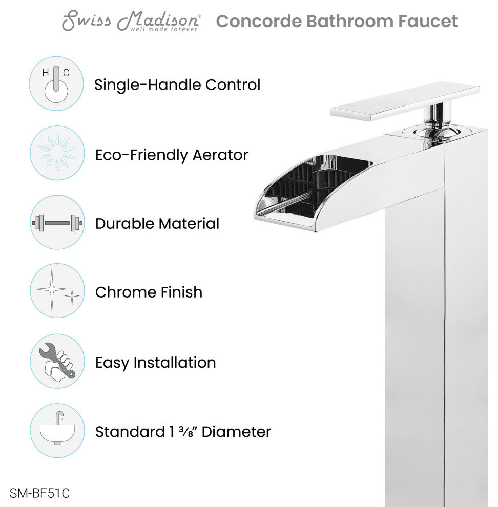 Concorde Single HoleHigh Arc Waterfall Bathroom Faucet, Chrome