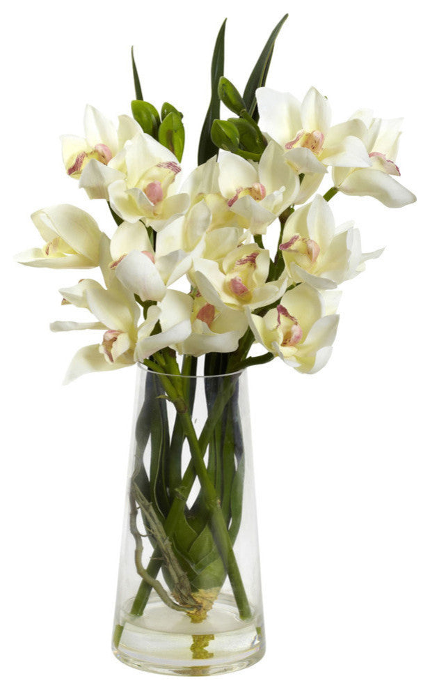 Cymbidium Orchid With Vase, White and Green