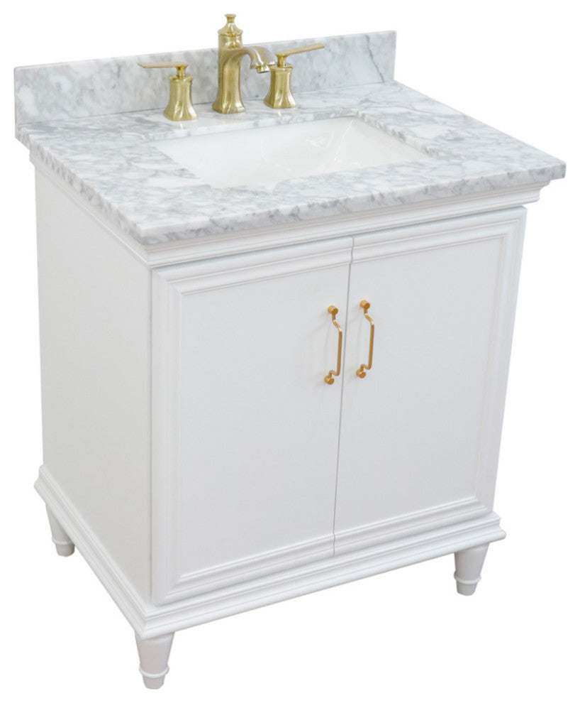 31" Single Vanity, White Finish With White Carrara And Rectangle Sink