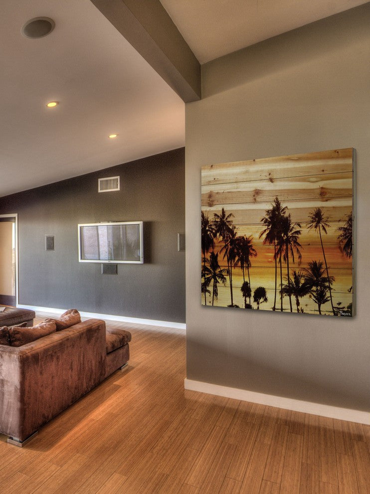 "Palms in the Sun" Print on Natural Pine Wood, 32"x32"