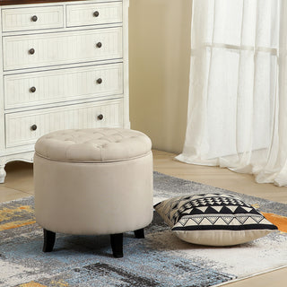 Storage Ottoman with Button Tufted Accents, Beige