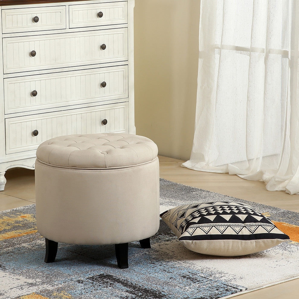 Storage Ottoman with Button Tufted Accents, Beige