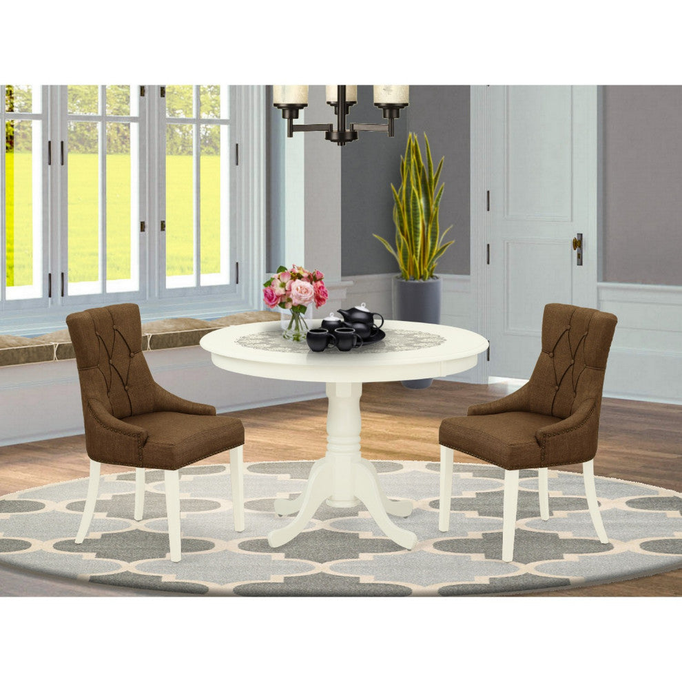 3Pc Dinette Set, Rounded Table, Two Chairs, Dark Coffee Fabric, Linen White