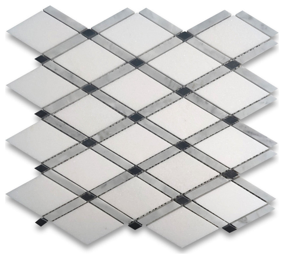 Thassos White Marble Diamond Lattice Mosaic Tile Carrara Black Polishe, 1 sheet