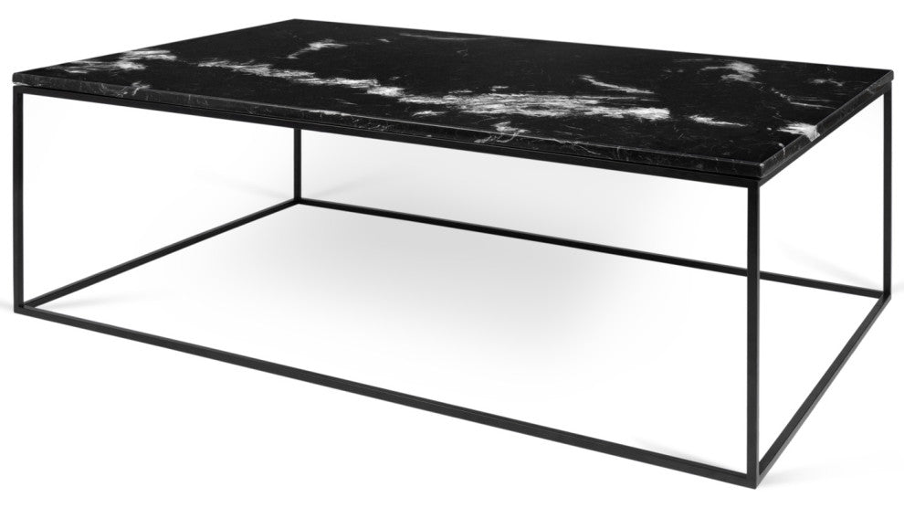 Modern Metal Rectangle Marble Top Coffee Table, Black Marble/Black Base