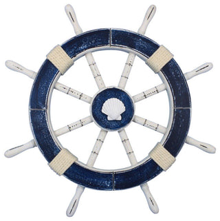 Rustic Decorative Ships Wheel With Seashell, Dark Blue, 18"