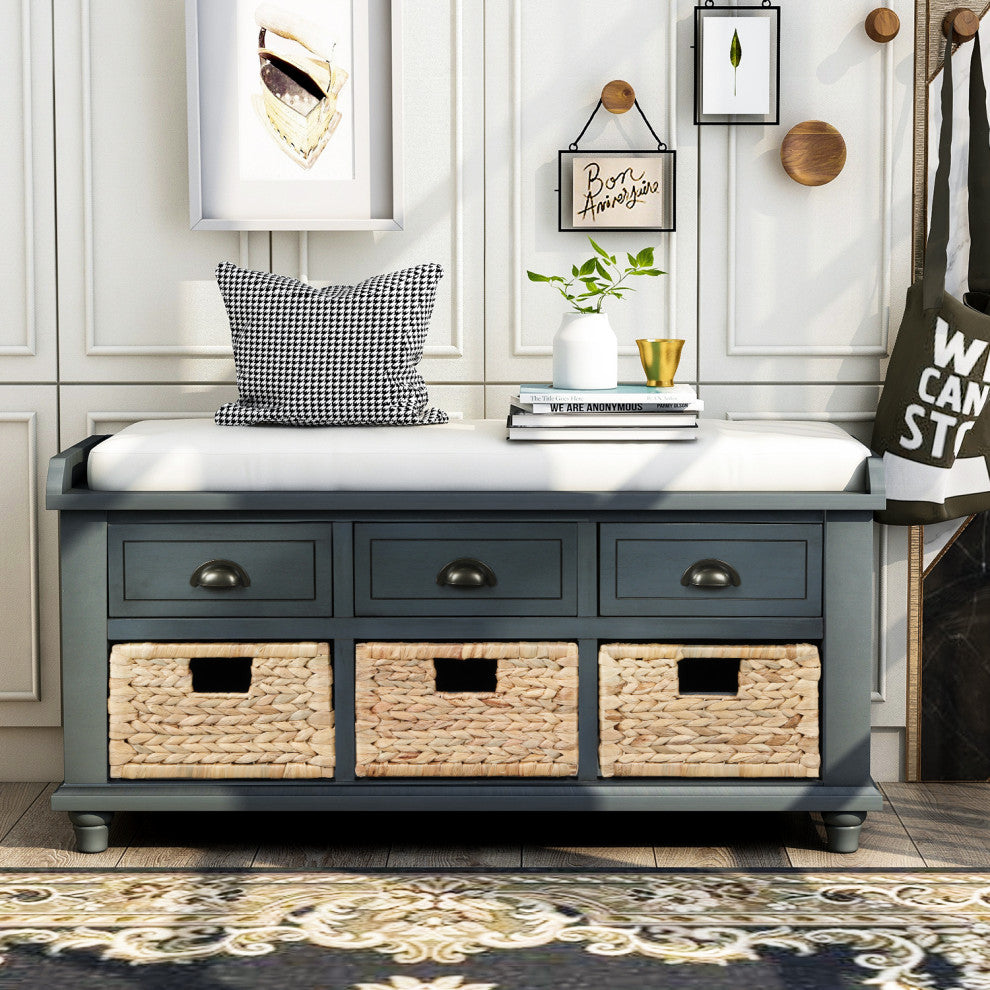 TATEUS 42" Rustic Storage Bench With 3 Drawers and 3 Rattan Baskets, Antique Navy