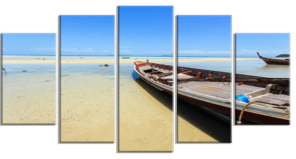 Traditional Thai Boat on Beach, Seashore Canvas Art Print, 60"x32", 5 Panels