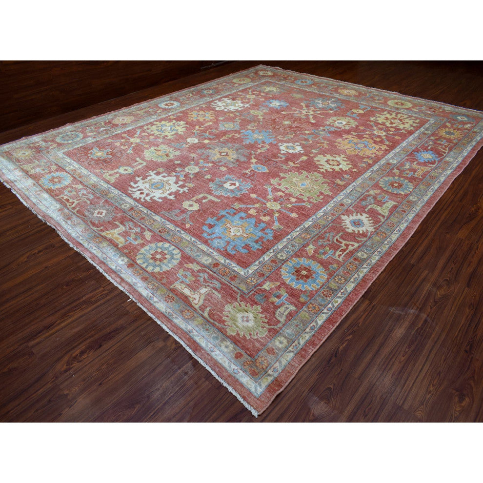 Coral Red Afghan Angora Oushak Soft Wool Hand Knotted Oversized Rug 11'10"x14'3"