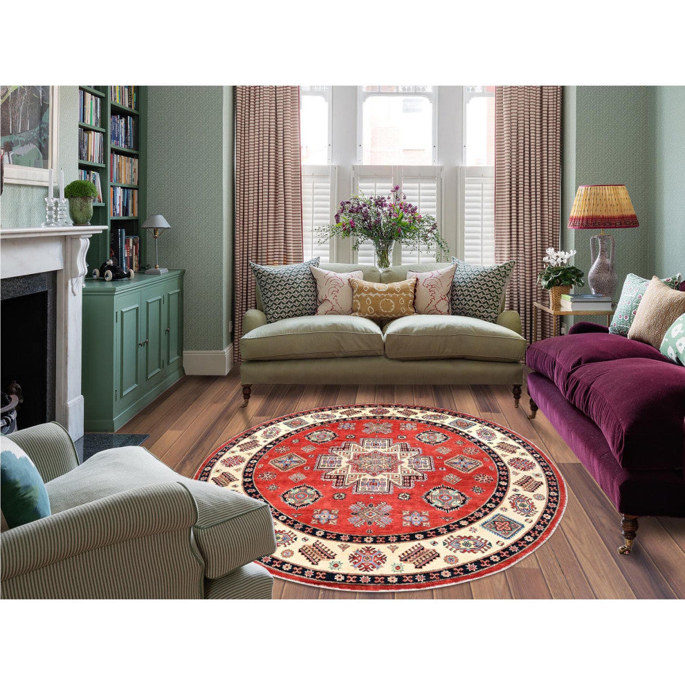 Red, Special Kazak, Pure Wool, Hand Knotted, Round Oriental Rug, 8'x7'9"