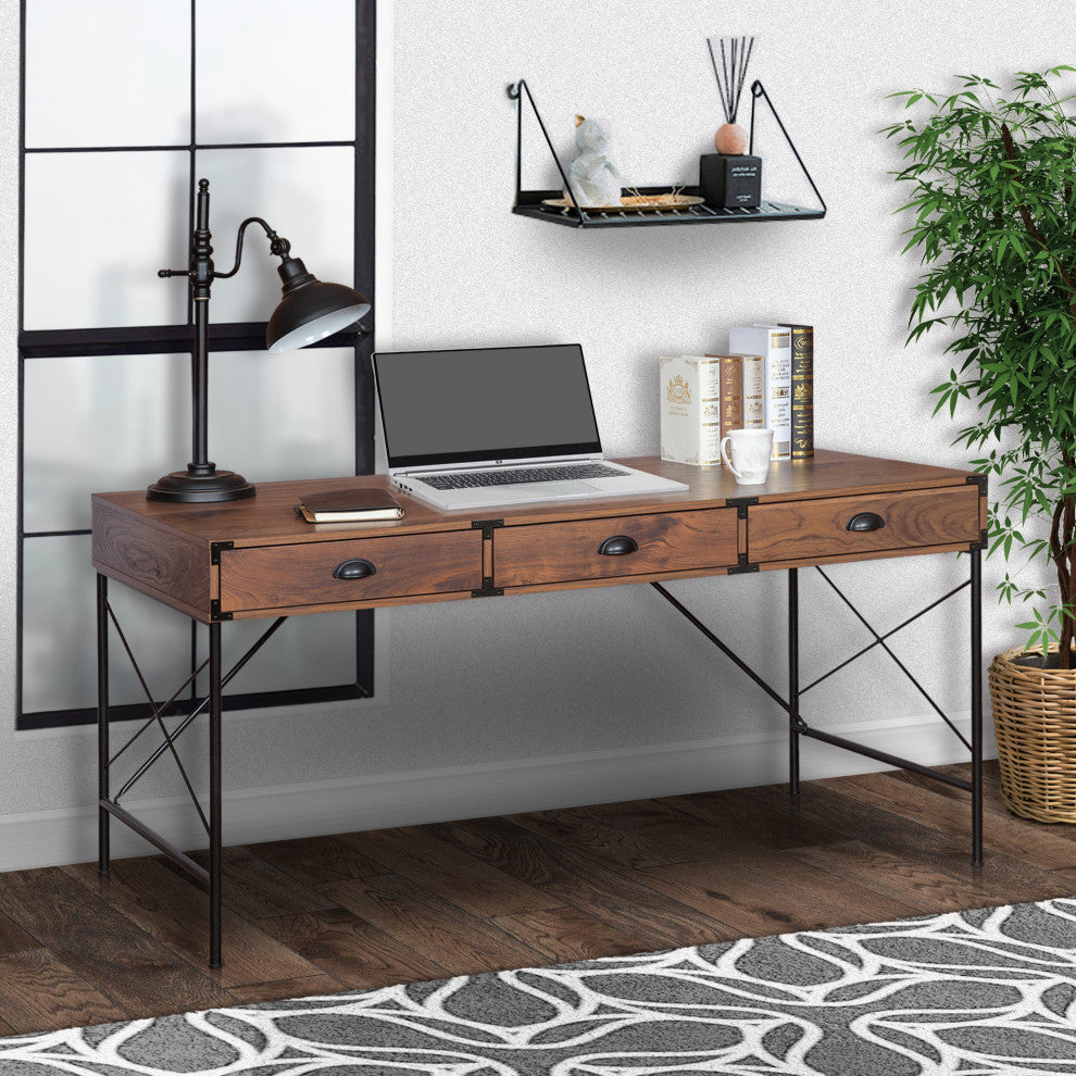 Brunei 59'' Wide 3 Drawer Wood Grain Farmhouse Writing Desk  in Walnut, Walnut Wood Grain