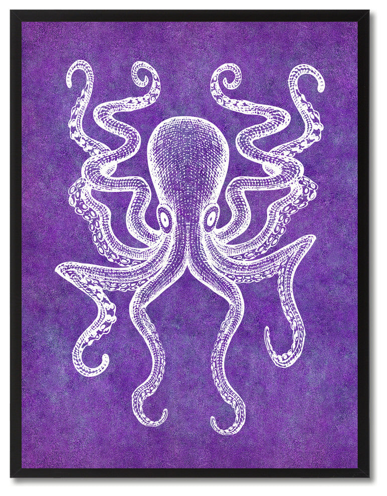 Octopus Animal Purple Print on Canvas with Picture Frame, 13"x17"