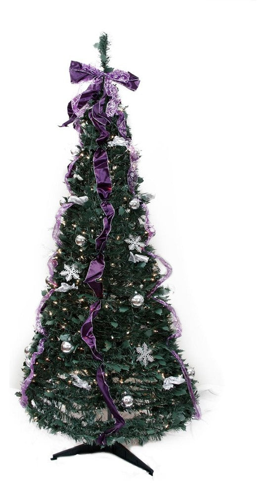 6' Pre-Lit Slim Purple and Silver Pop-Up Artificial Christmas Tree, Clear Lights