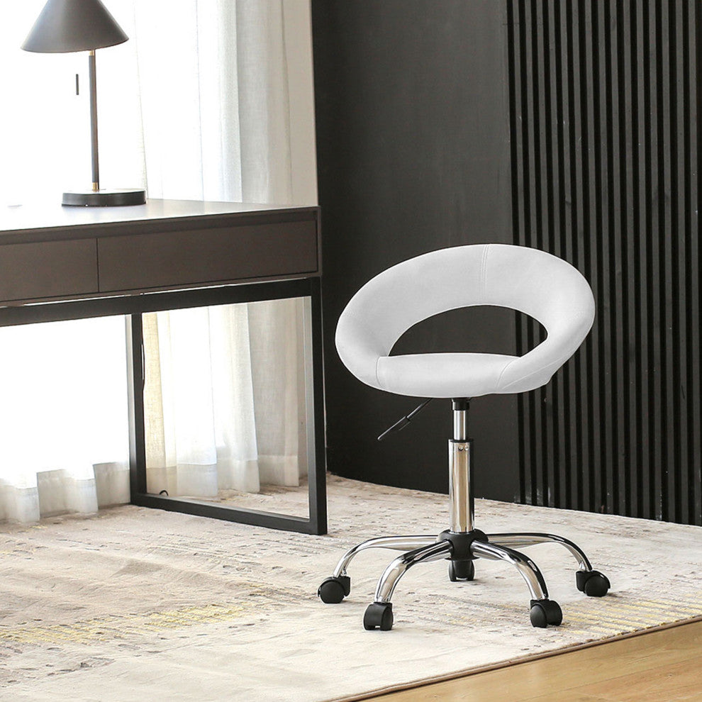 Open-Back Salon Spa Rolling Stool, White-Pu