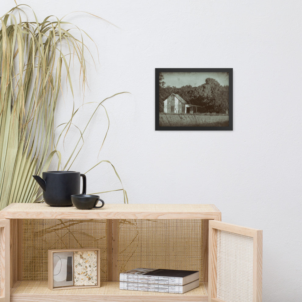 Patriotic Barn in Field Vintage Black and White Framed Photo Wall Art Print, Black, 11" X 14"