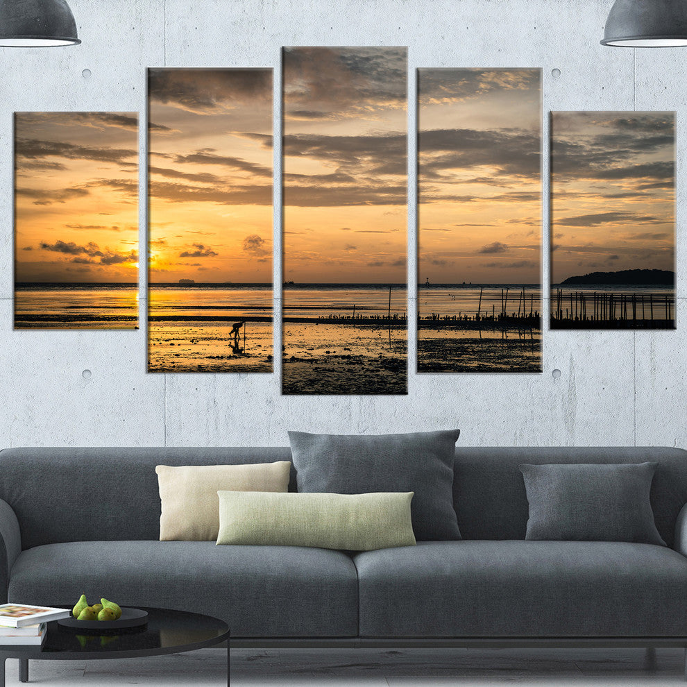 Dawn at Seaside during Low Tide, Modern Seashore Canvas Art, 60"x32", 5 Panels