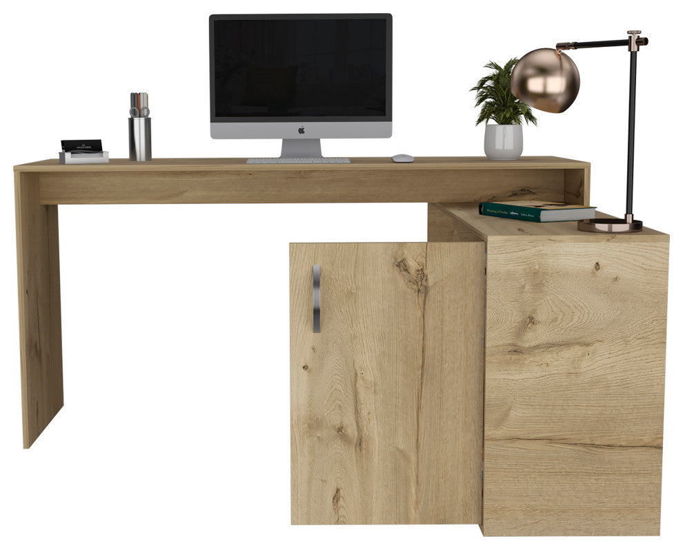 Dallas L-Shaped Home Office Desk with 2 Open Shelves and Cabinet, Light Oak
