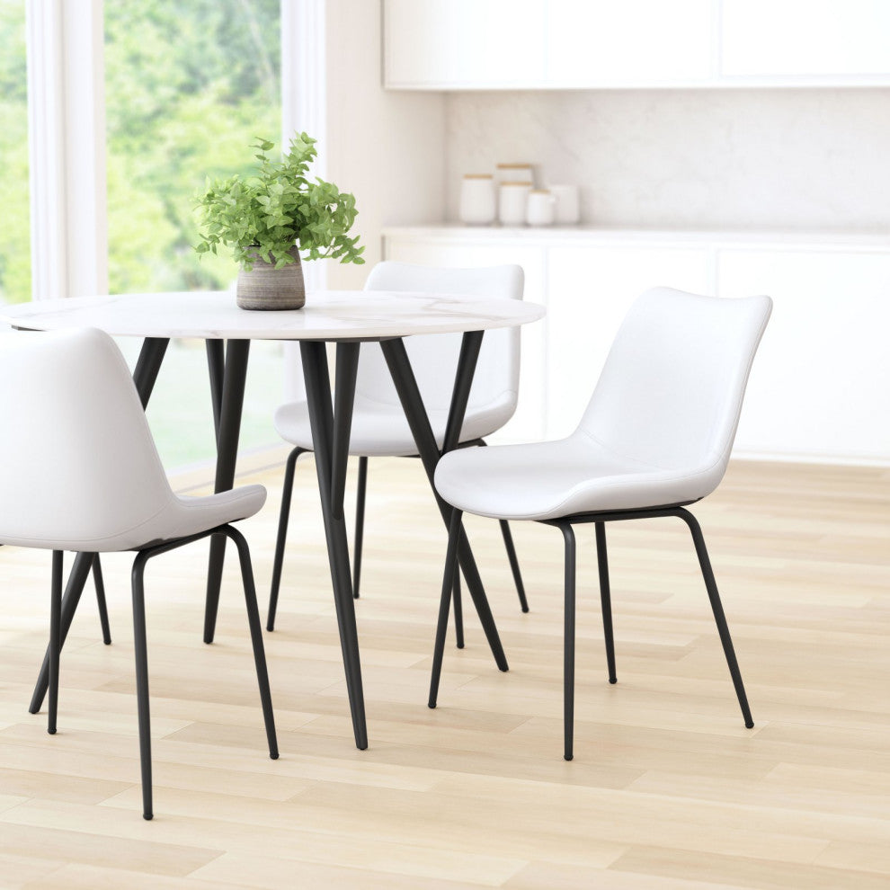 Dining Chair, Set of 2, Faux Vinyl Leather, Steel, White, Black, Mid Century