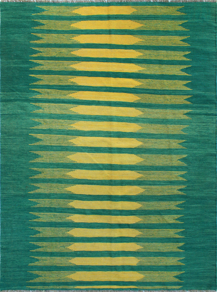 Modern Flatweave Baki Green/Gold Rug, 5'7x7'11