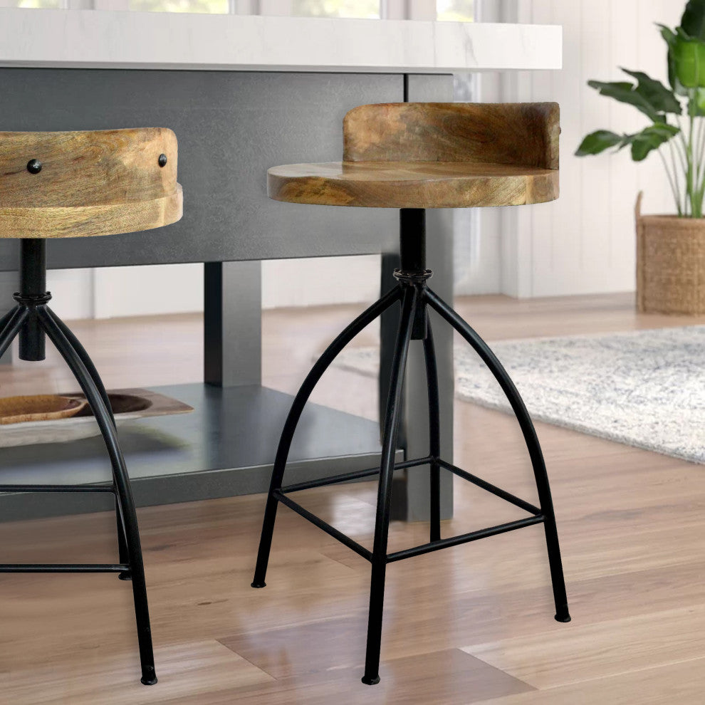 Industrial Style Adjustable Swivel Bar Stool With Backrest, 25-31 Inch