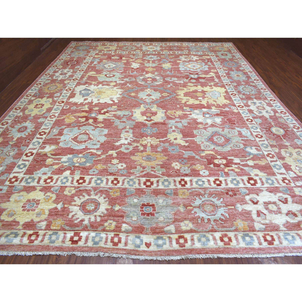 Coral Red, Angora Ushak Soft Wool, Hand Knotted Oversized Rug, 11'7" x 14'6"