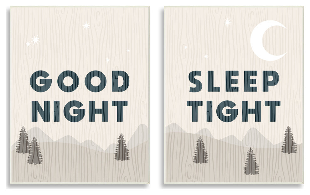 Good Night Sleep Tight Phrase Mountain Landscape Illustration, 2pc, each 10 x 15