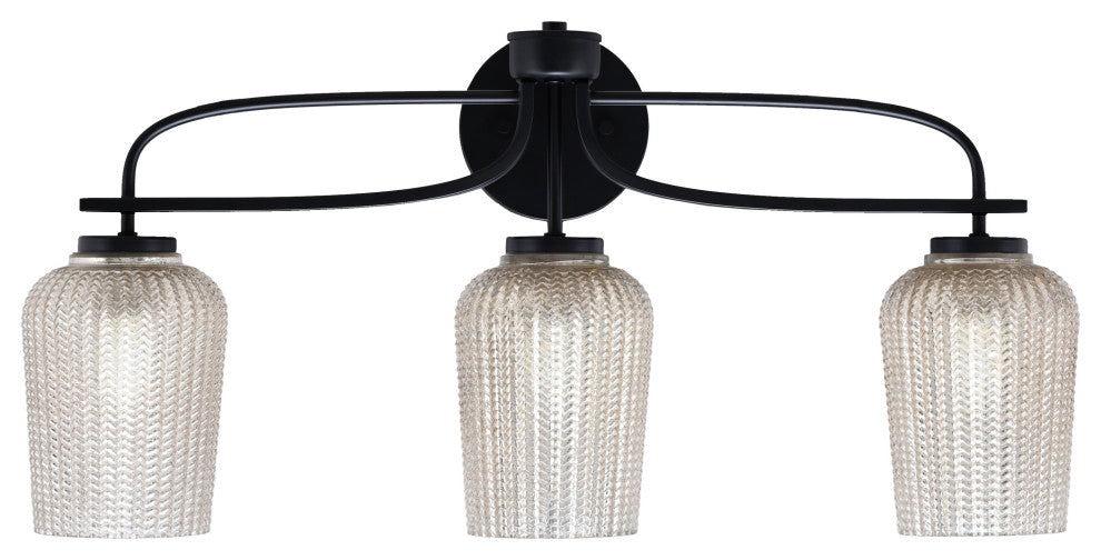 Cavella 3 Light Bath Bar, Matte Black Finish, 5" Silver Textured Glass