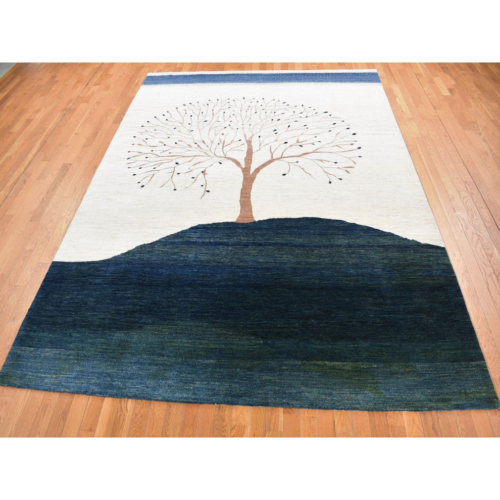 Ivory, Hand Knotted, Modern Folk Art Tree Design Gabbeh, Wool, Rug, 9'8"x13'8"