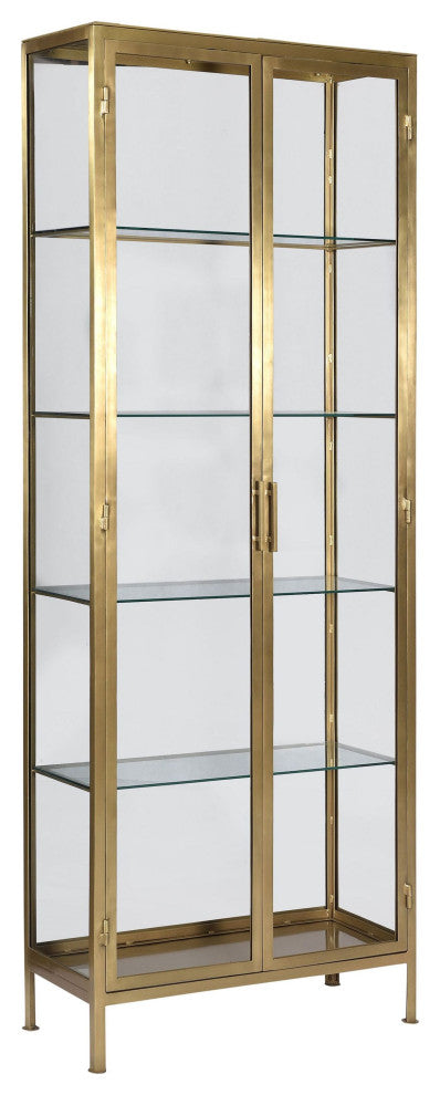 Carley 84" Tall Narrow Brass Finished Iron and Glass Display Cabinet