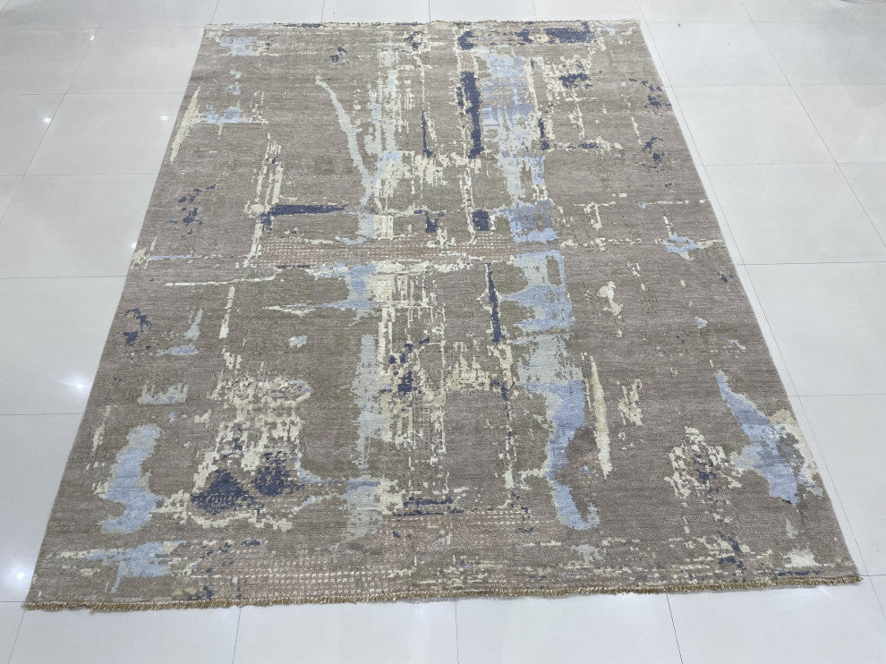 Hand-Knotted Wool Gray Transitional Abstract Traditional Knot Rug, 7'10x10'