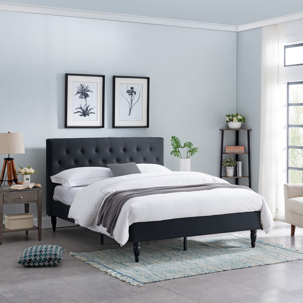 Agnes Fully-Upholstered Low-Profile Queen-Size Platform Bed Frame, Black