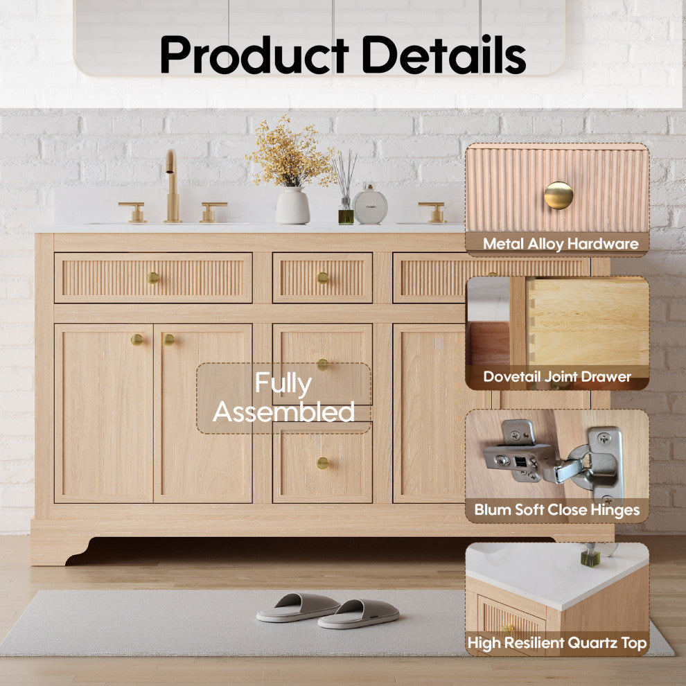 Solid Wood Bathroom Vanity with Carrara White Quartz Top, CUPC-certified Sink, 60"