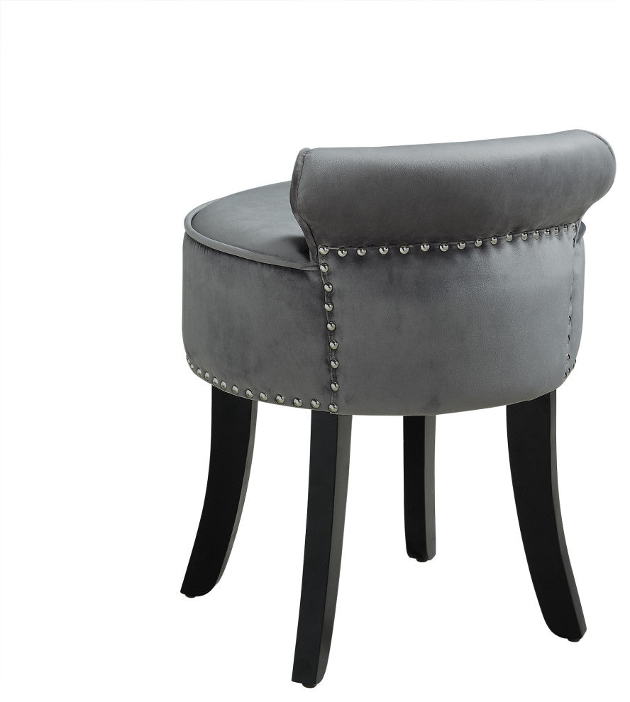Ludovic Velvet Contemporary Nailhead Trim Rolled Back Vanity Stool, Light Gray