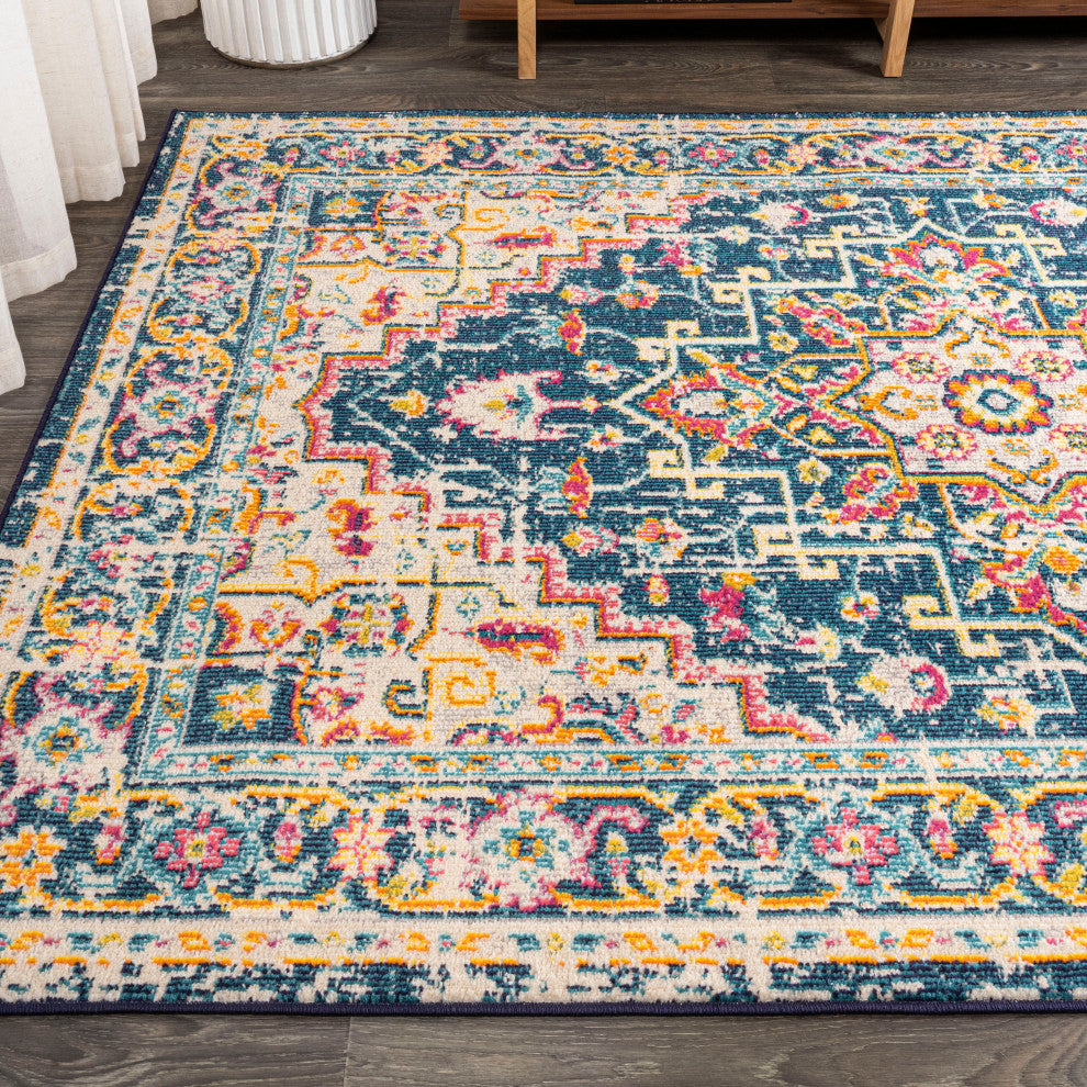 Brooklyn Geometric Medallion Area Rug, Blue/Beige, 4 X 6